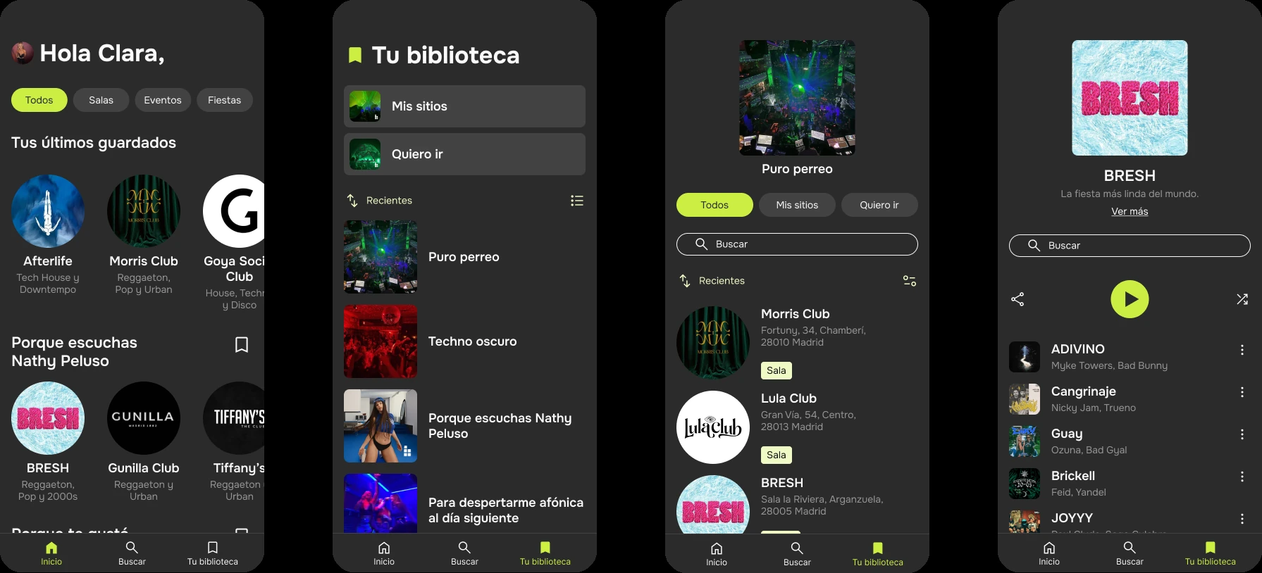 Four final Clubber interface screens